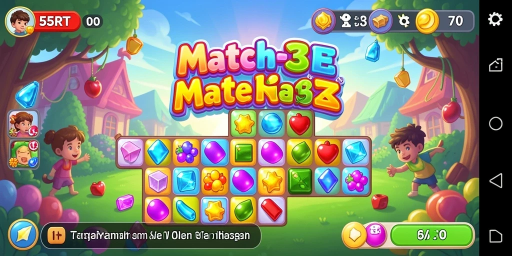 Tampilan gameplay seru 55RT dengan elemen Match-3 yang berwarna-warni.