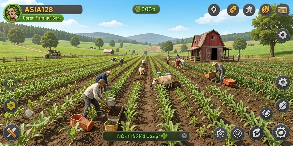Screenshot utama ASIA128 menampilkan gameplay bertani yang interaktif dan seru.