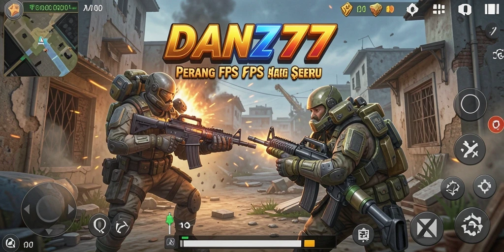 Tampilan gameplay menegangkan dari DAN777 di pertempuran FPS.