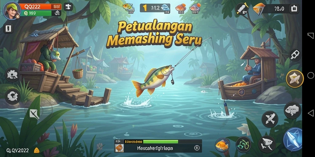 Screenshot QQ222 menampilkan pemain menangkap ikan di lokasi yang indah.