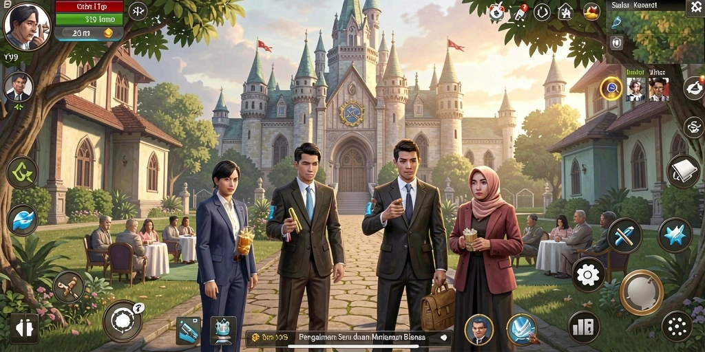 Tampilan gameplay Y89 yang menampilkan bisnis yang berkembang.